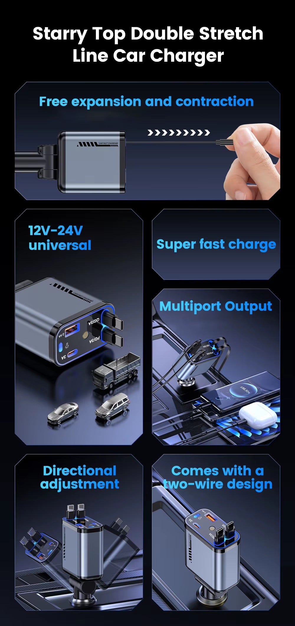 RETRACTABLE CAR CHARGER 4em 1